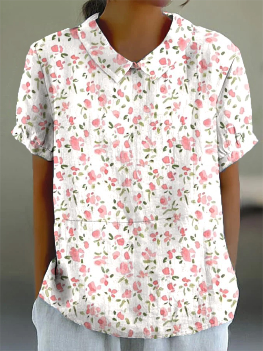 Women's Pink Art Crush Print Casual Cotton And Linen Shirt