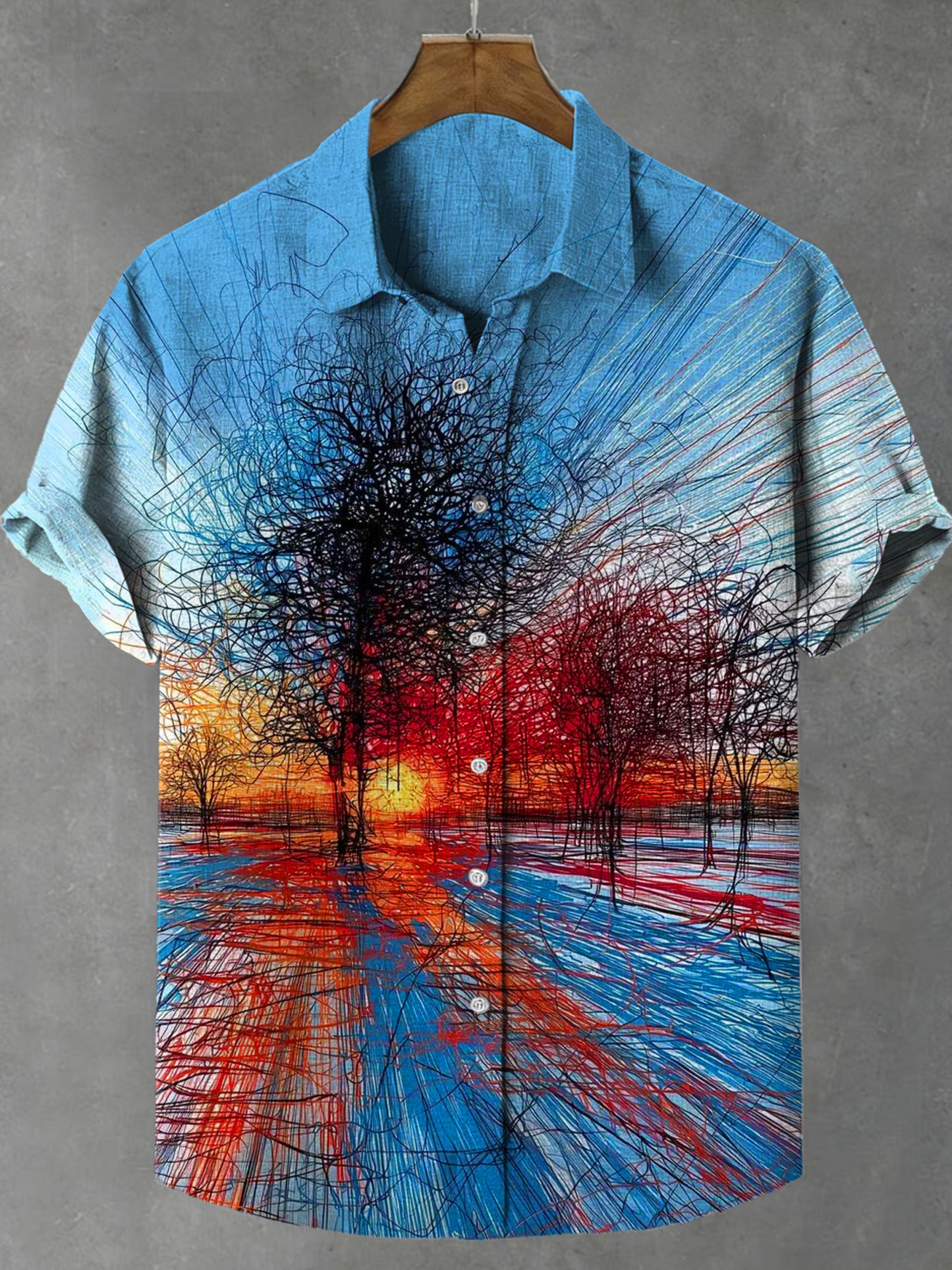 Abstract Sunset Forest Print Casual Cotton And Linen Shirt