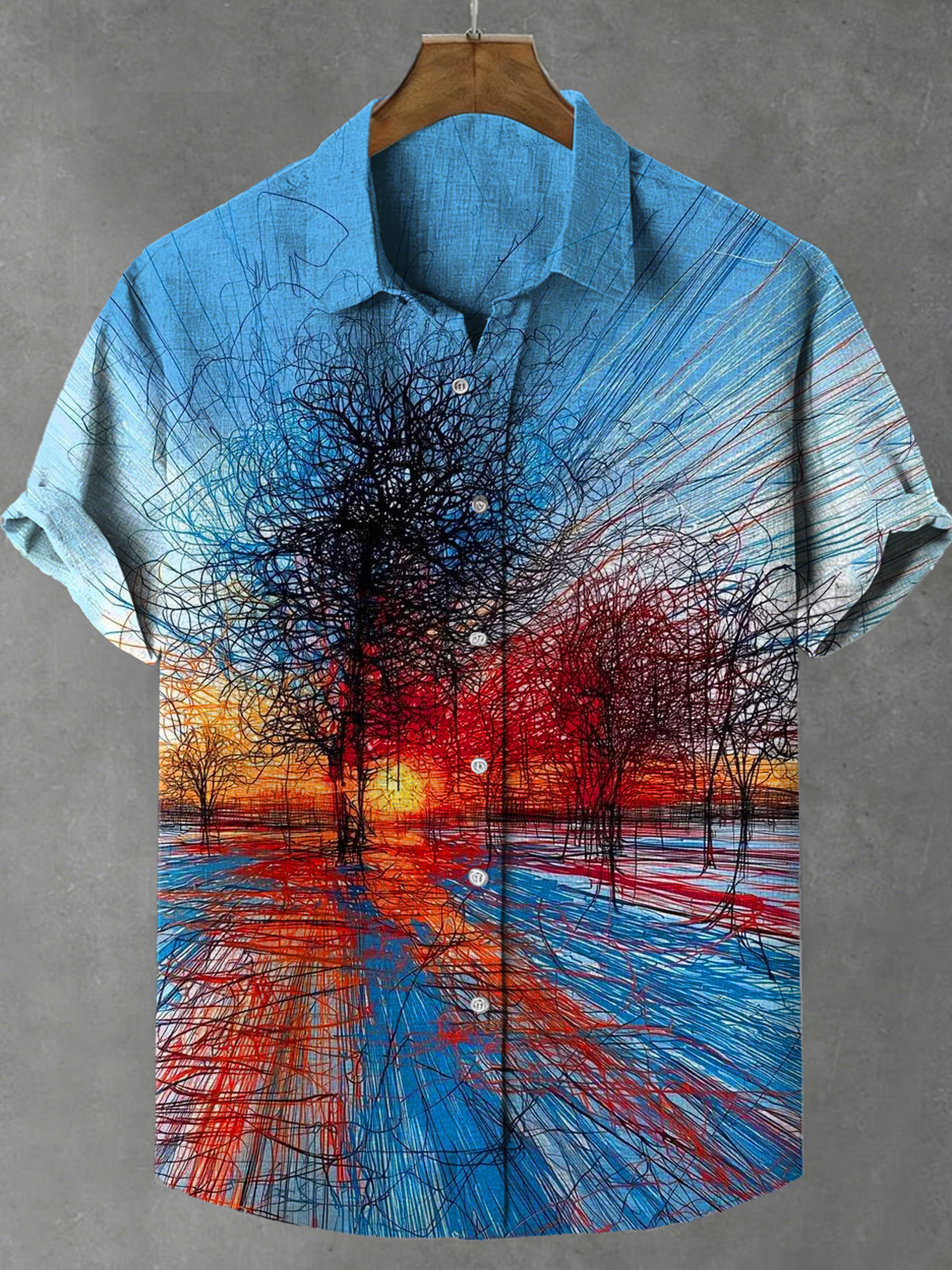 Abstract Sunset Forest Print Casual Cotton And Linen Shirt
