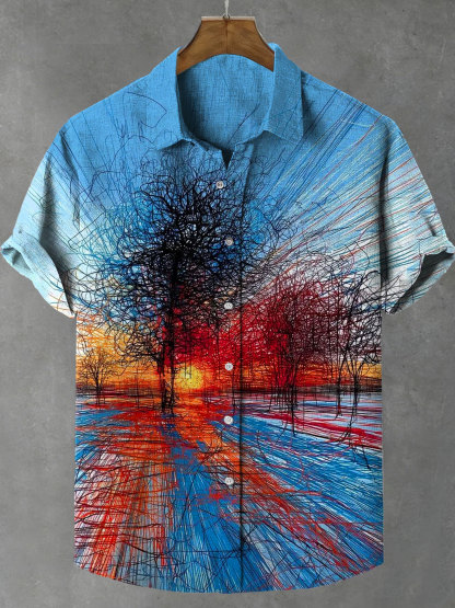 Abstract Sunset Forest Print Casual Cotton And Linen Shirt