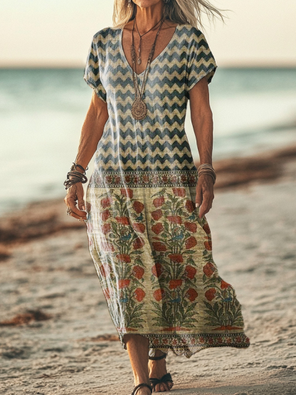 Women's Vintage Bohemian Floral Art Print Casual Cotton Linen Shirt