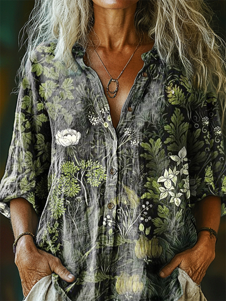 Floral Pattern Art Print Cotton Linen Casual Women's Shirt