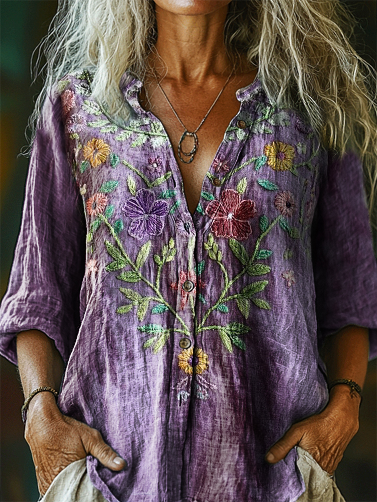 Women's Vintage Ethnic Floral Art Print Casual Cotton Linen Shirt