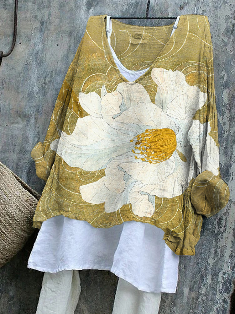 Japanese Art Flowers Print Cozy Flowy Tunic