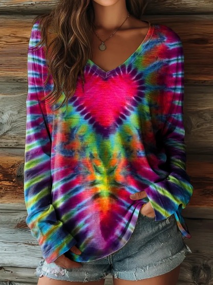 Women's Colorful Love Heart Tie Dye Art Print Casual V-neck Long Sleeve T-shirt