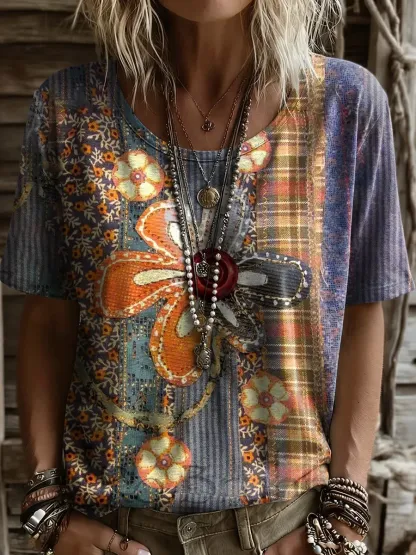 Women's Retro Floral Print Round-neck Short-sleeve T-shirt