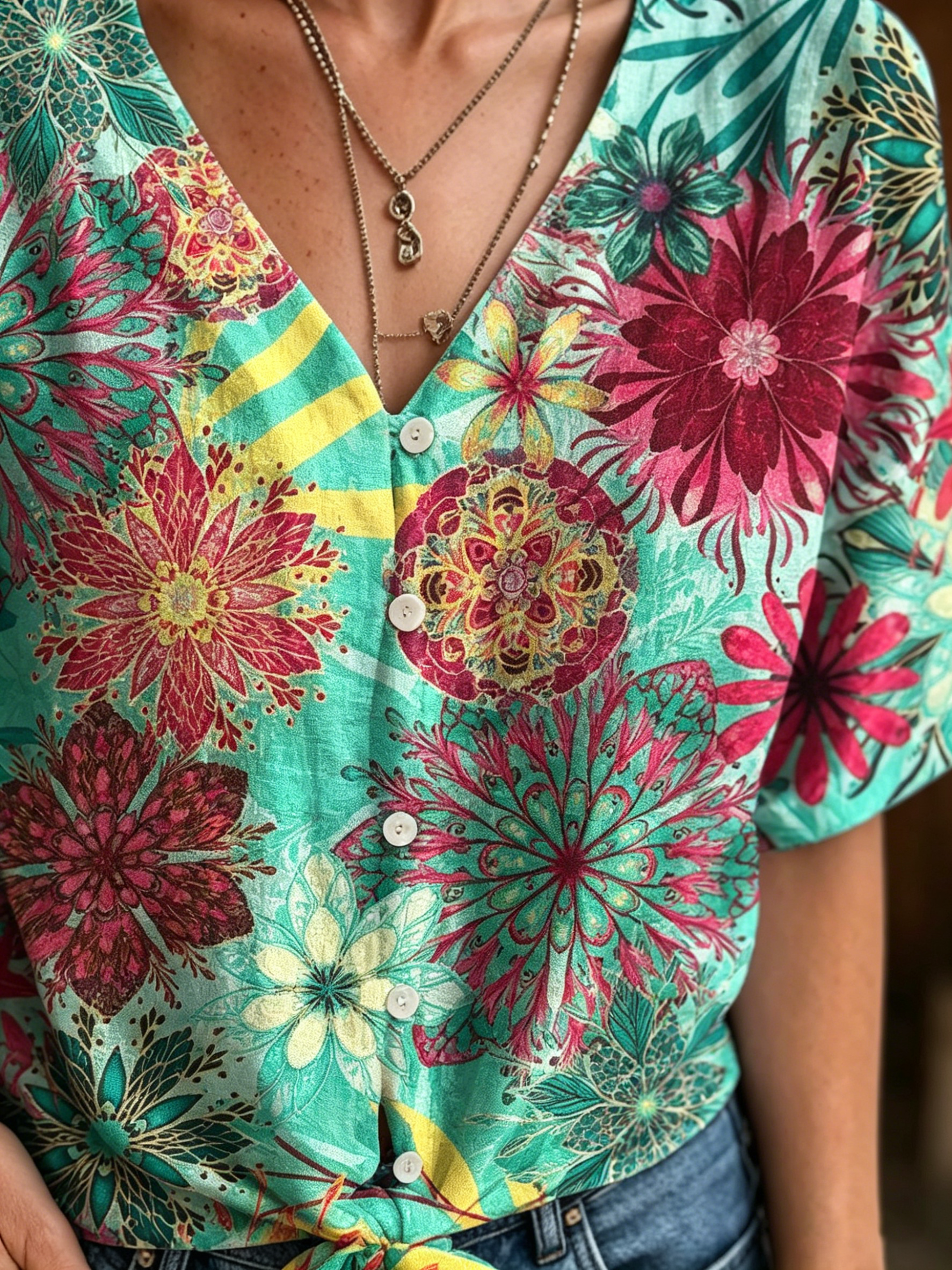 Women's Retro Ethnic Floral Art Print Casual Short-sleeve V-neck Cotton Linen Cardigan Shirt