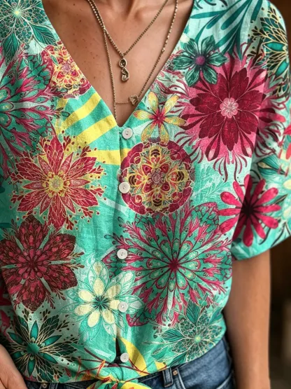 Women's Retro Ethnic Floral Art Print Casual Short-sleeve V-neck Cotton Linen Cardigan Shirt