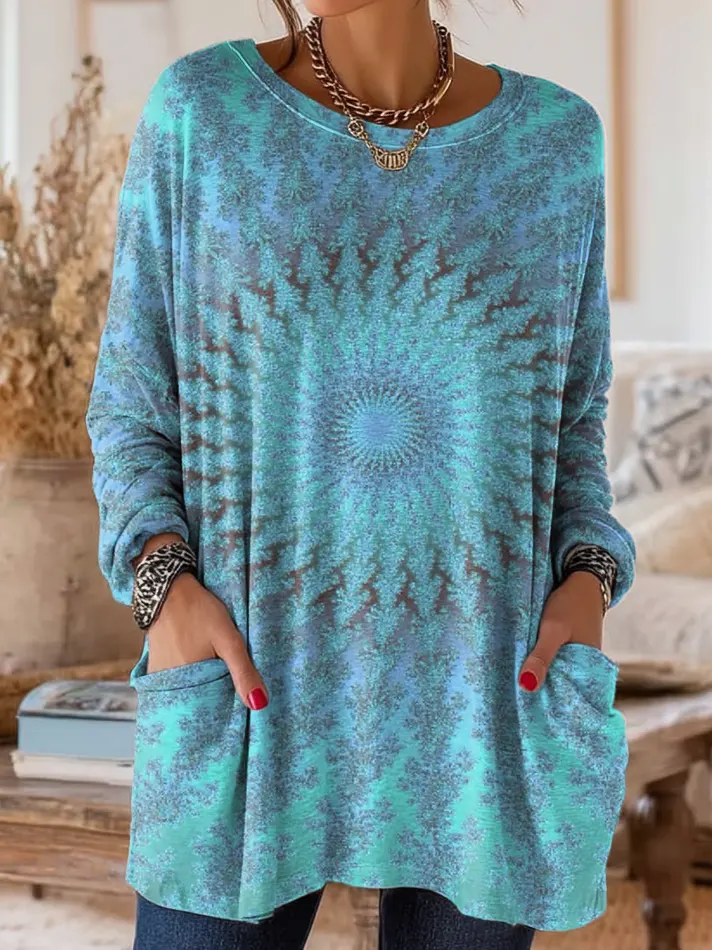 Women's Kaleidoscope Art Print Casual Round Neck Tunic Top