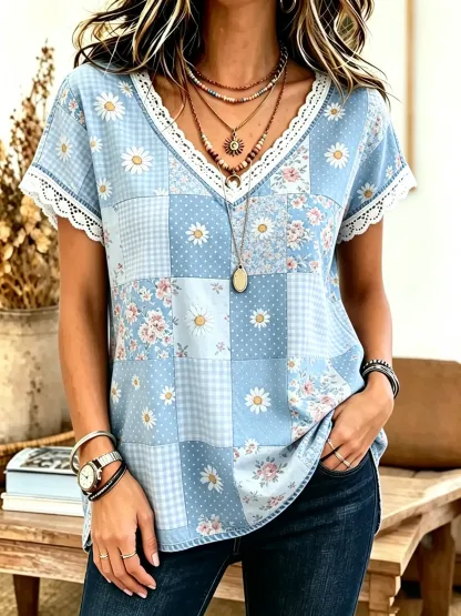 Women's Patchwork Floral Print Cotton Lace Trim V-Neck Blouse
