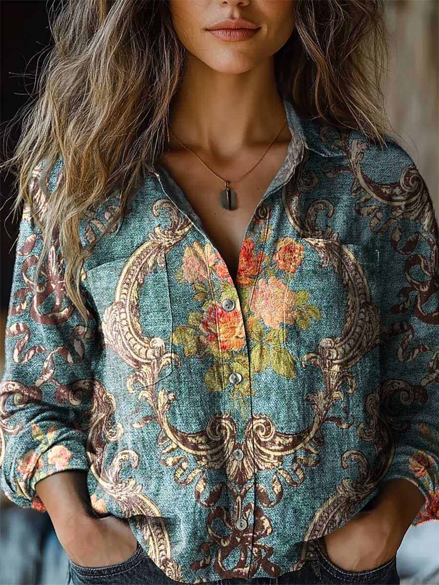 Women'S Retro Floral Pattern Long Sleeve Comfortable Cotton And Linen Shirt