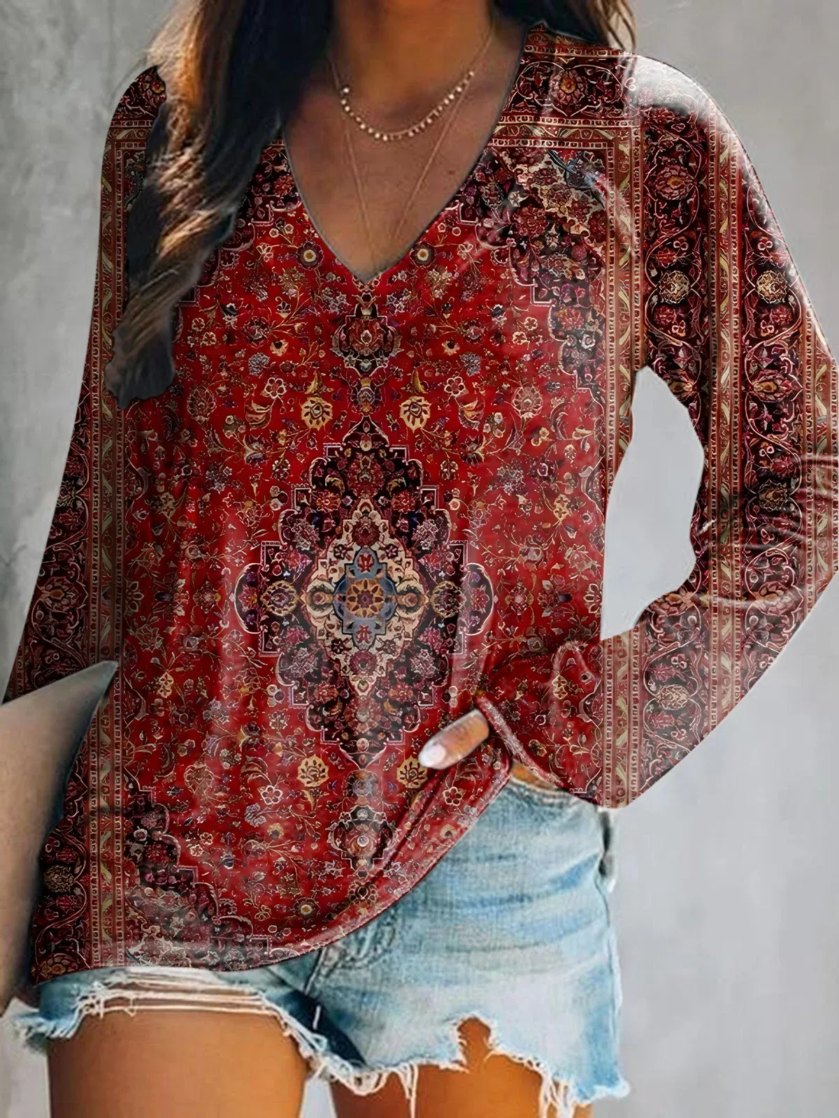 Vintage Ethic Print V-neck Casual T-Shirt