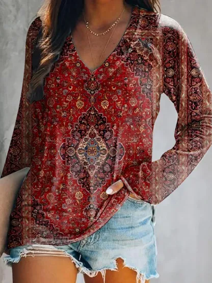 Vintage Ethic Print V-neck Casual T-Shirt