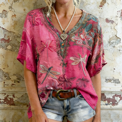 Women's Dragonfly And Floral Art  Flowy Linen Blend Short Sleeve Tops