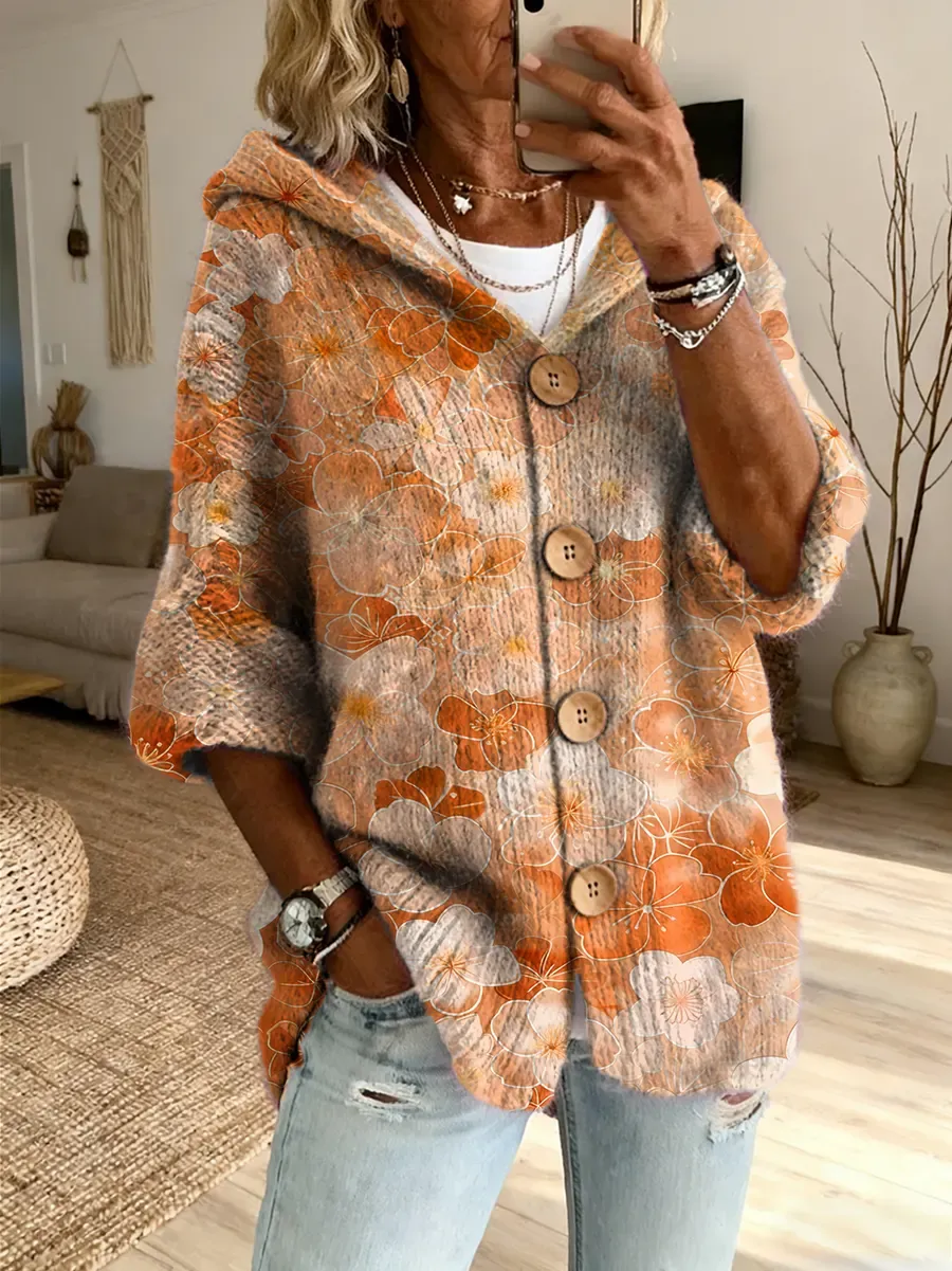 Ethnicity Colorful Flowers Women's Art Print Casual Hooded Cardigan Sweater