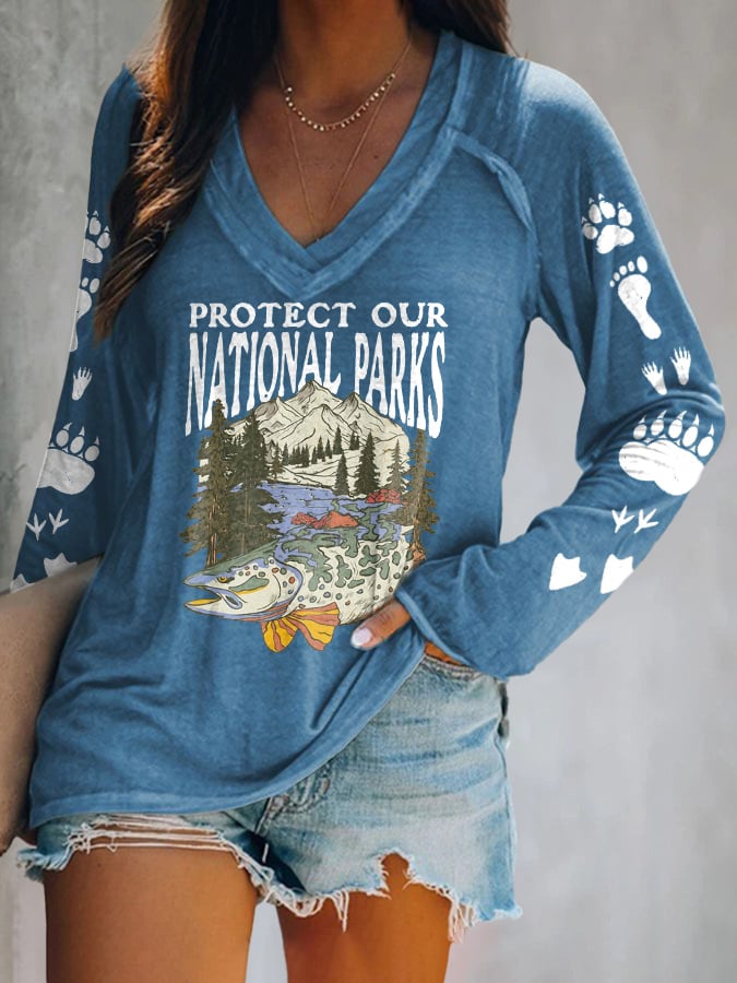 Women's Protect Our National Parks Print V Neck T-Shirt