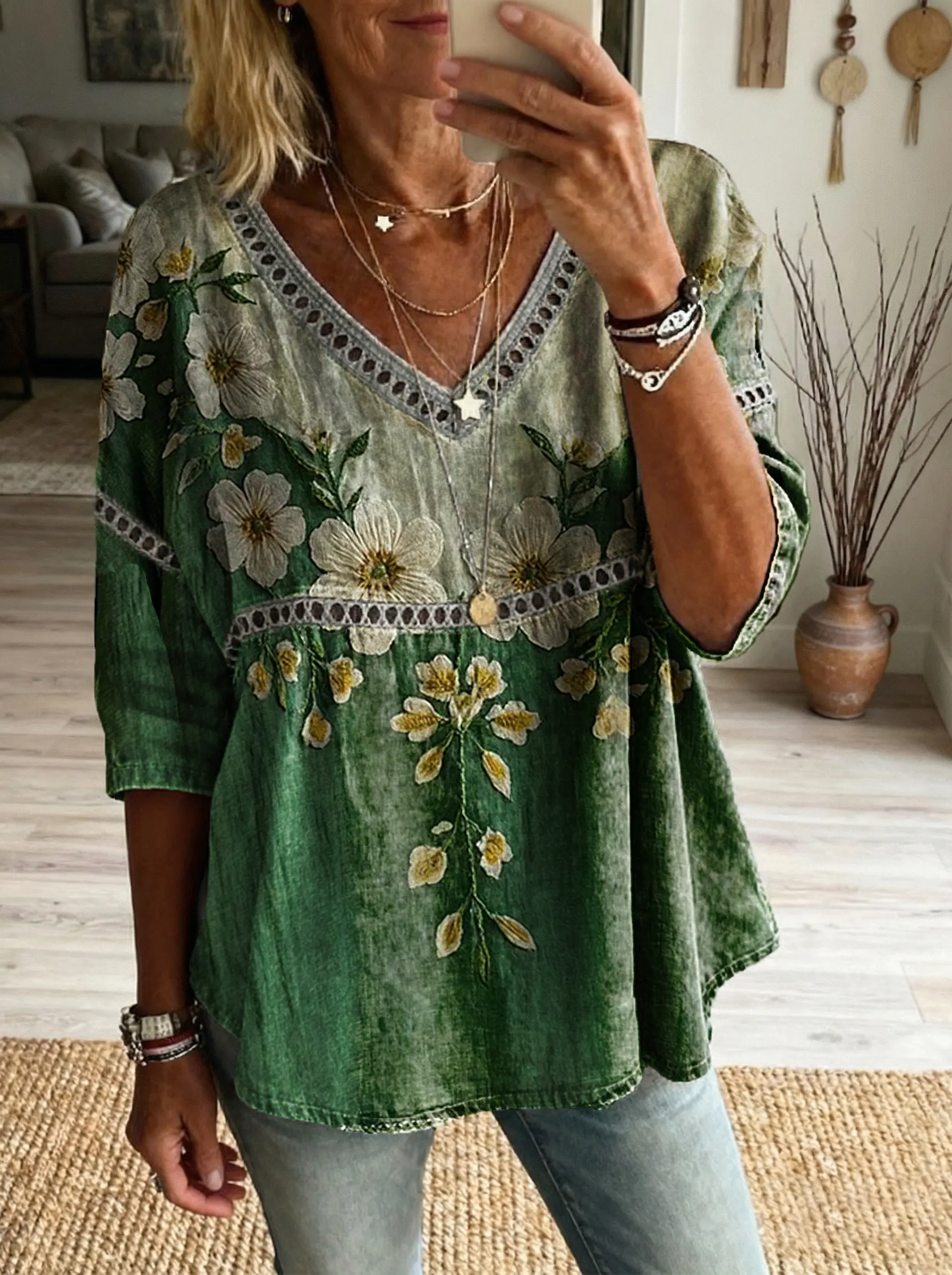 Women's Floral Art Print Casual V-neck Tie-front Top