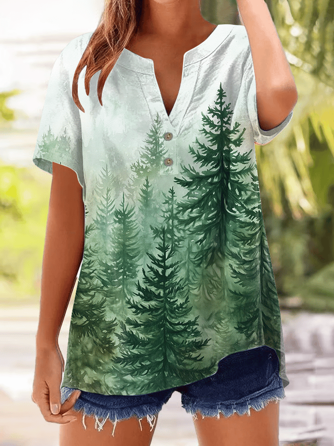 Women's Forest Mountain Print Button Design V-Neck Casual Shirt