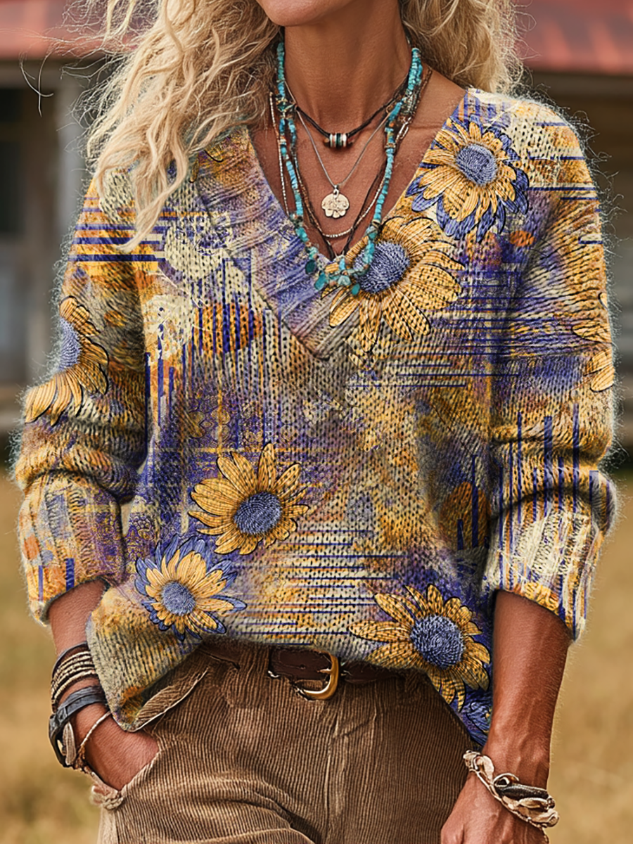 Unisex Colorful Color-Blocked Floral Art Print Casual Long-Sleeve V-Neck Wool Blend Knit Sweater