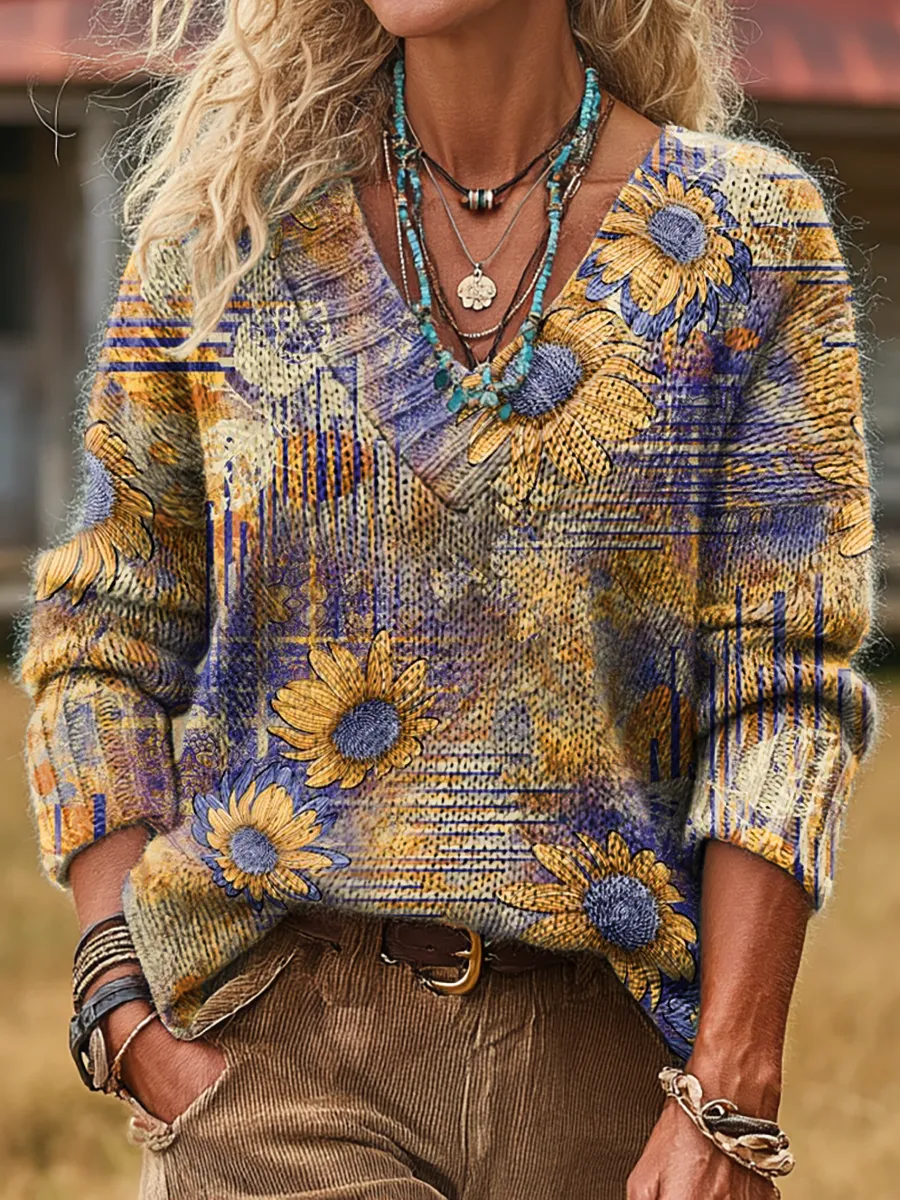 Unisex Colorful Color-Blocked Floral Art Print Casual Long-Sleeve V-Ne