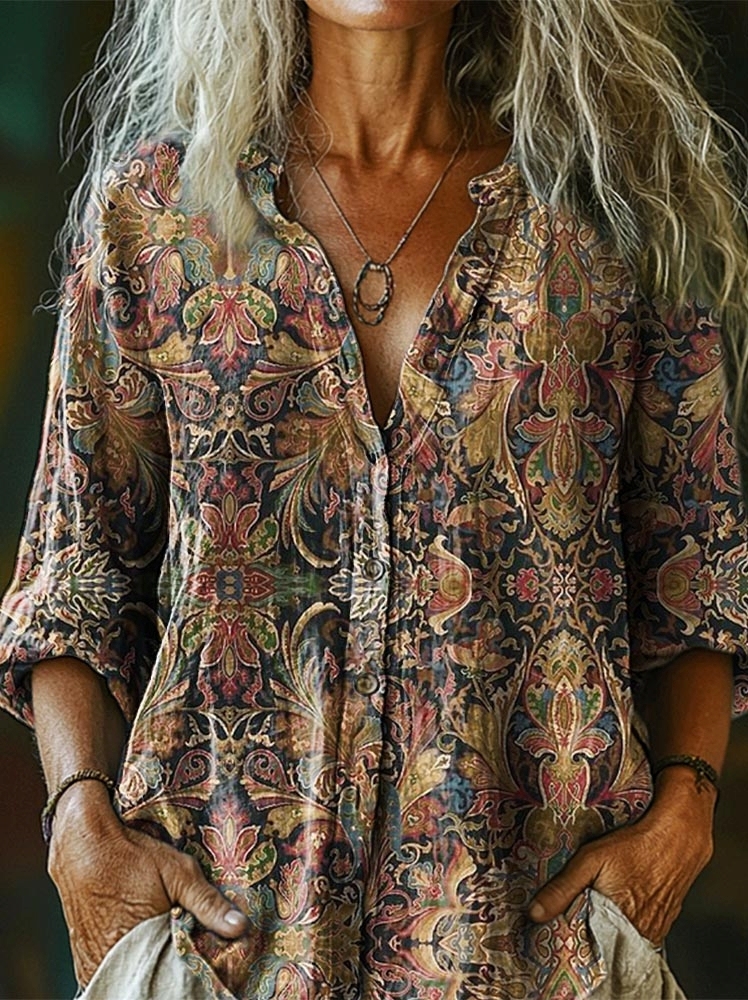 Women's Flowers Art Print Casual Cotton And Linen Shirt