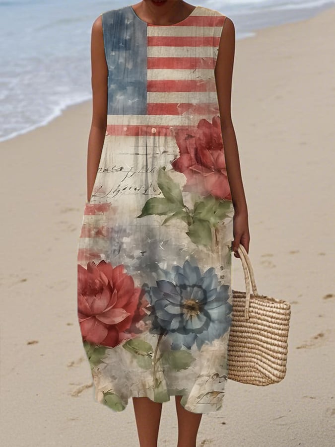 🔥Last Day 49% Off🔥Women's Independence Day Printed Cotton and Linen Dress