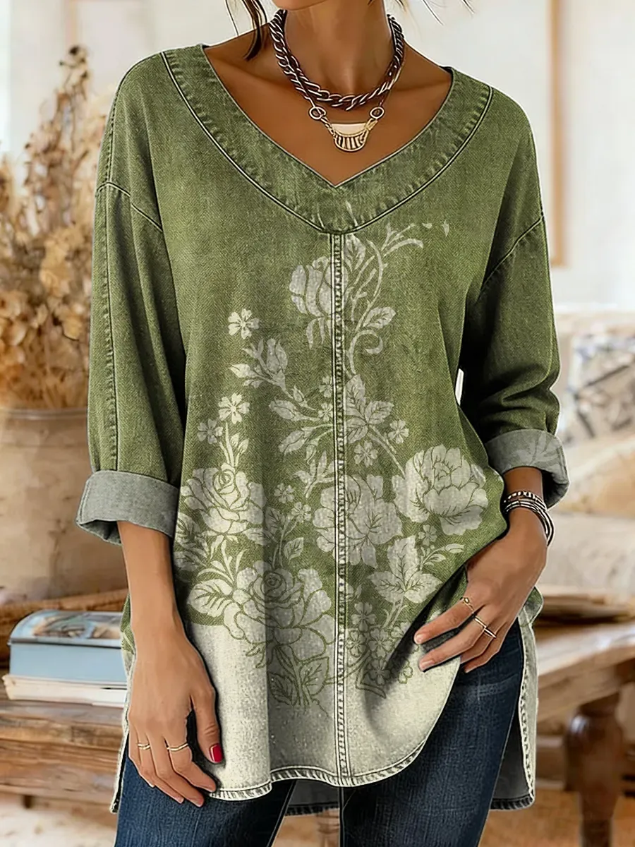 Women's Vintage Floral Art Print Casual Washed Denim Cotton Top