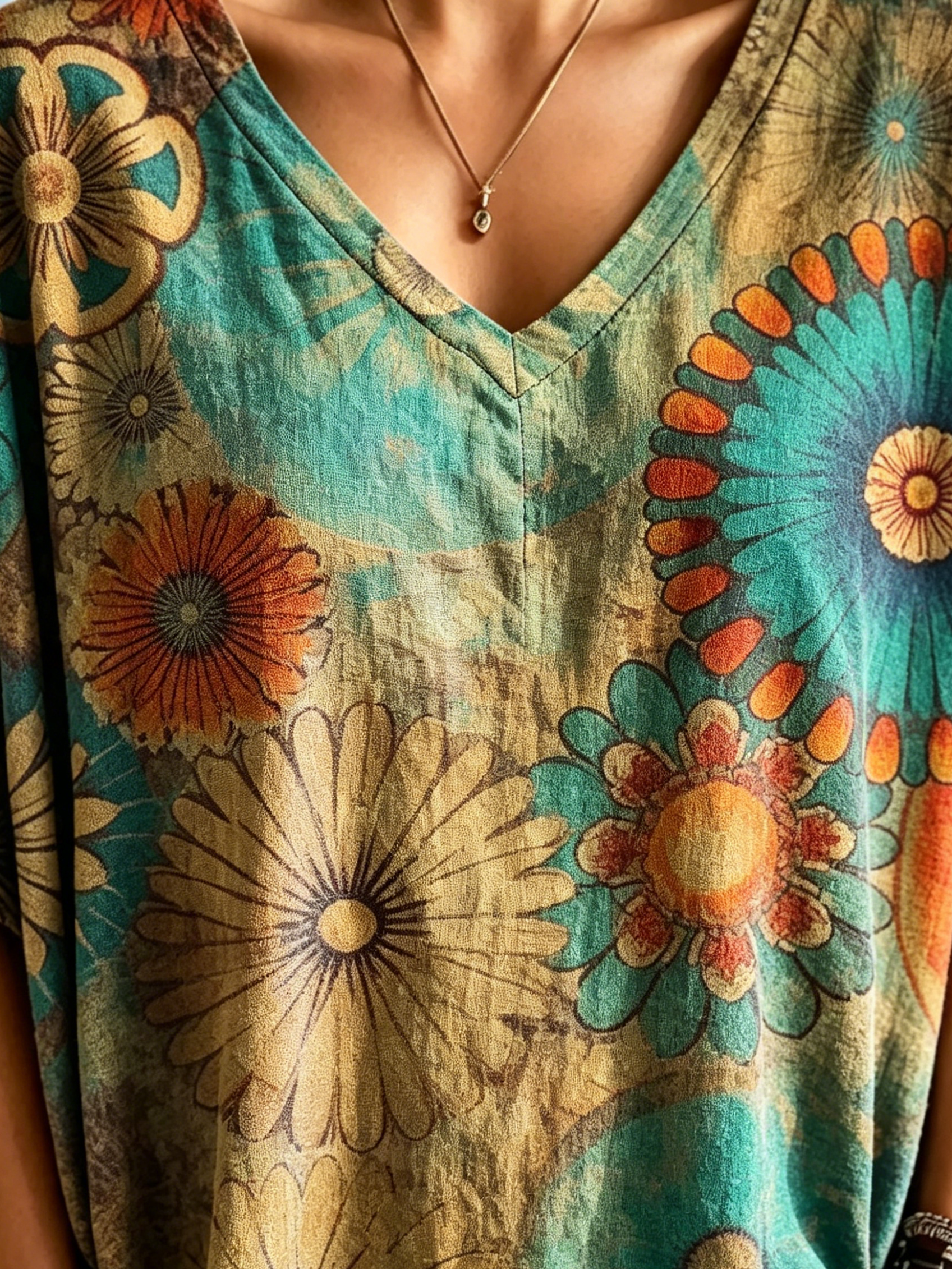 Women's Boho Mandala Floral Print Cotton V-Neck T-Shirt