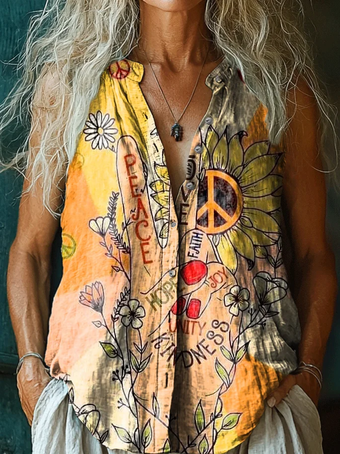 Women's Hippie Art Print Casual Cotton And Linen Shirt