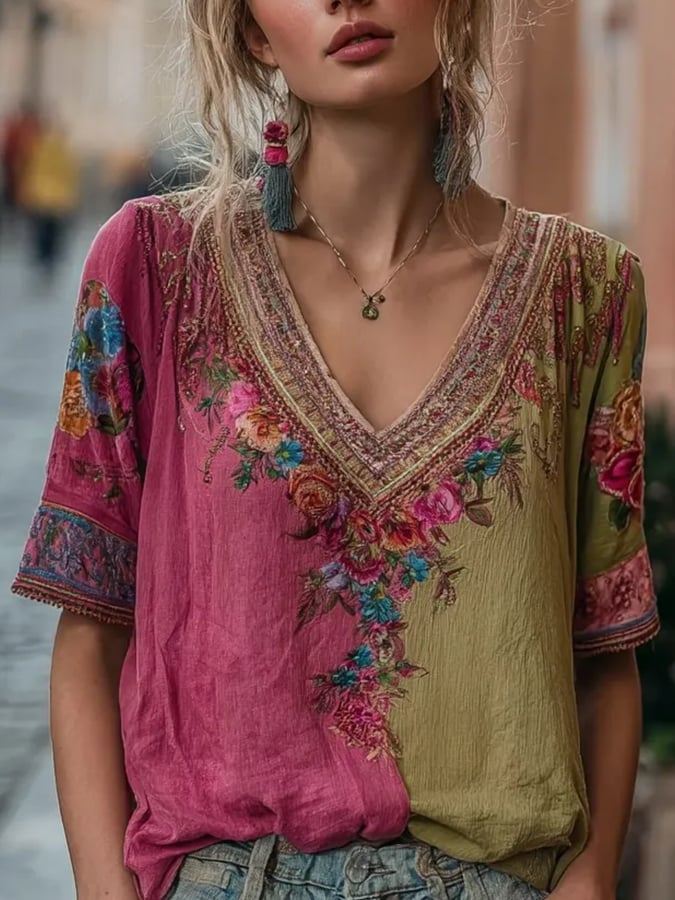 Women's Casual Vintage Breast Cancer Awareness Bohemian V-Neck Top