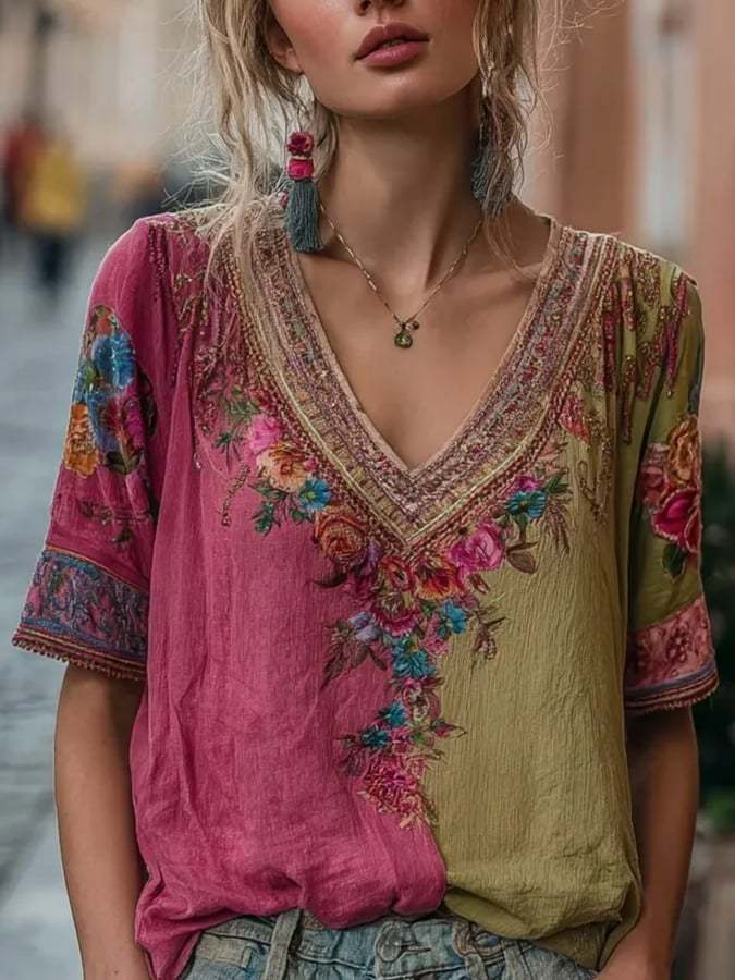 Women's Casual Vintage Breast Cancer Awareness Bohemian V-Neck Top