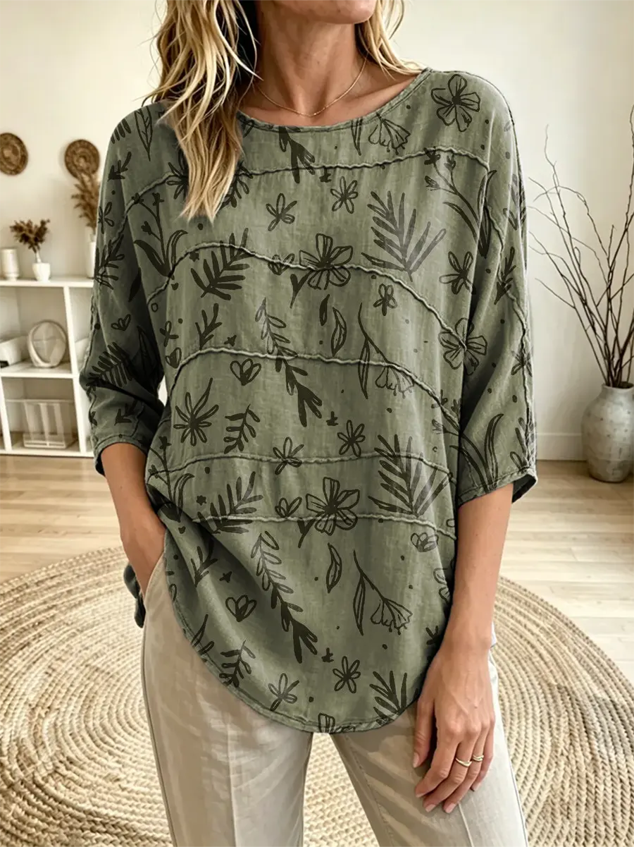 Women's Botanical Leaf Printed Three Quarter Sleeve Loose Casual Top