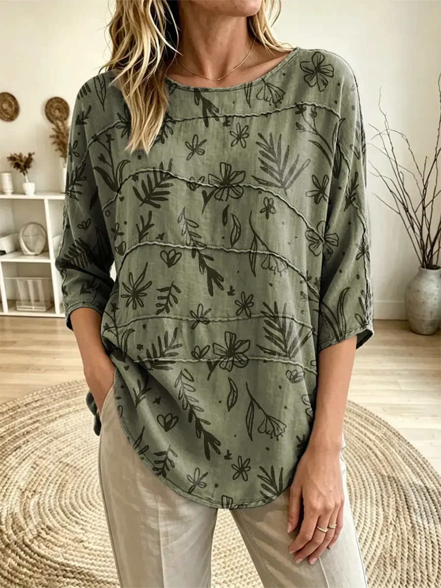 Women's Botanical Leaf Printed Three Quarter Sleeve Loose Casual Top