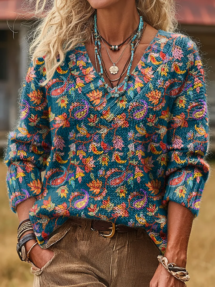 Unisex Retro Ethnic Floral Art Print Casual Long-sleeved V-neck Wool B