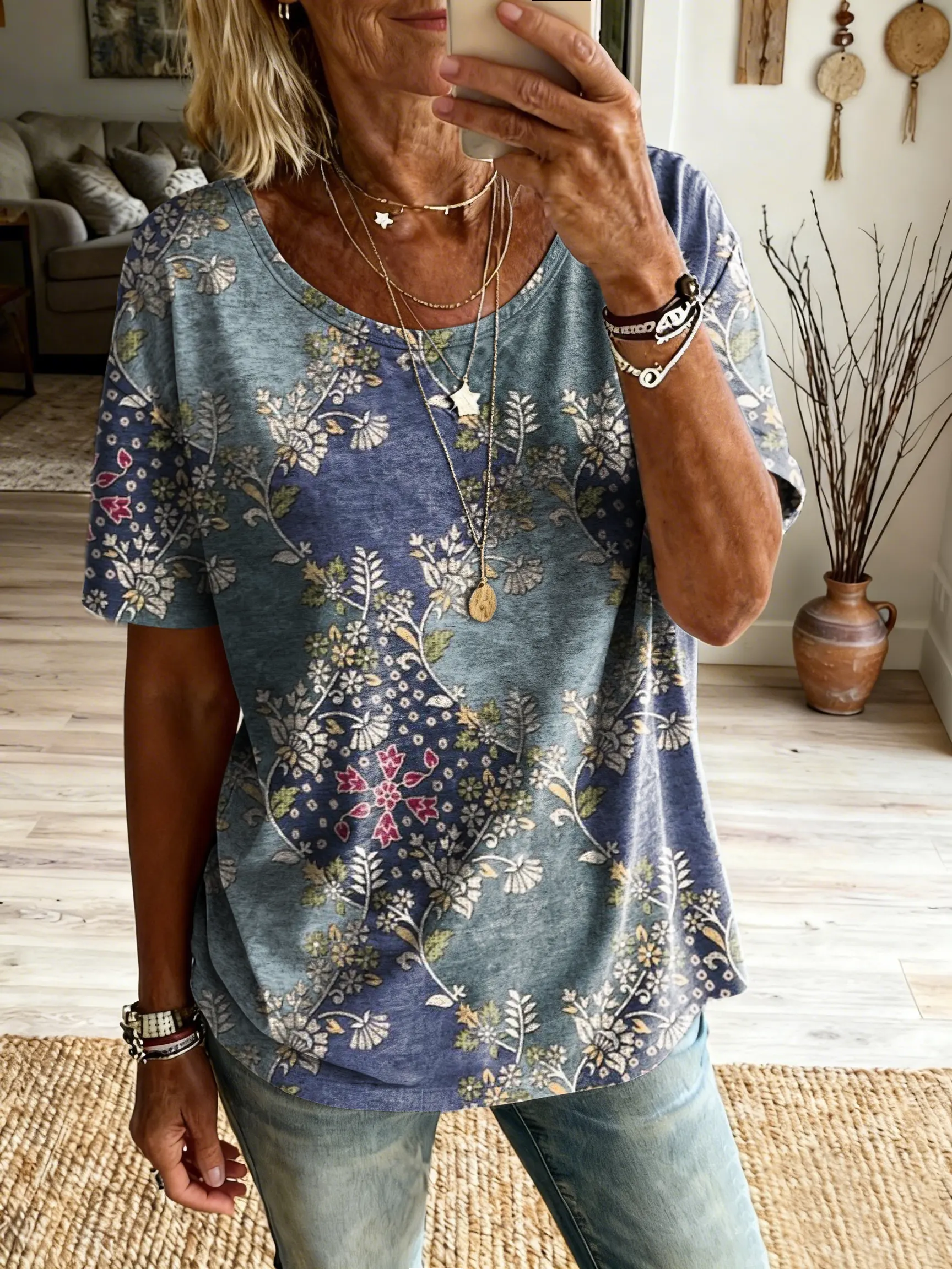 Women's Retro Diamond-Quilt Floral Art Print Casual Crew Neck Short-Sleeve Pure Cotton T-Shirt