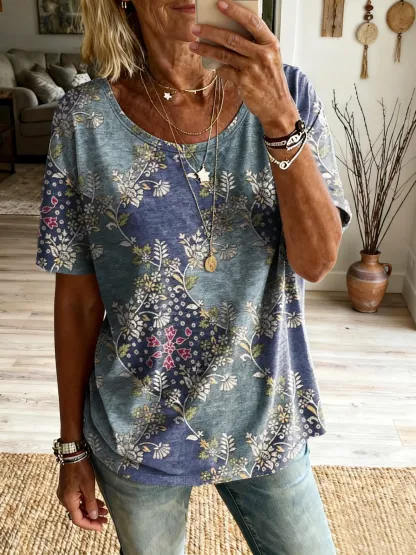 Women's Retro Diamond-Quilt Floral Art Print Casual Crew Neck Short-Sleeve Pure Cotton T-Shirt