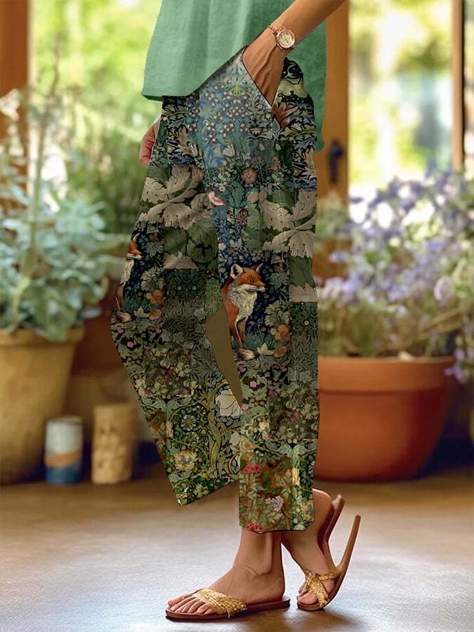 Women's Casual Cute Forest Animals, Plants And Flowers Patchwork Print