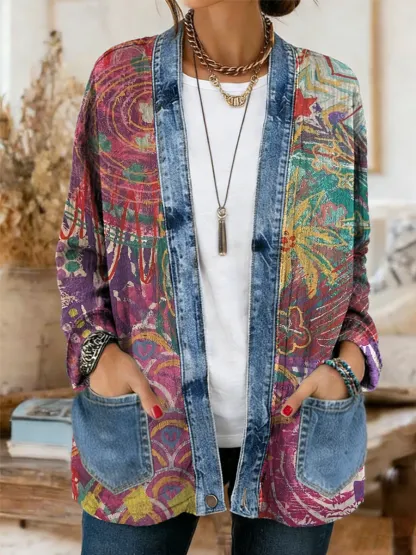 Women's Retro Colorful Art Print Casual Long-Sleeved Pocket Cardigan Coat