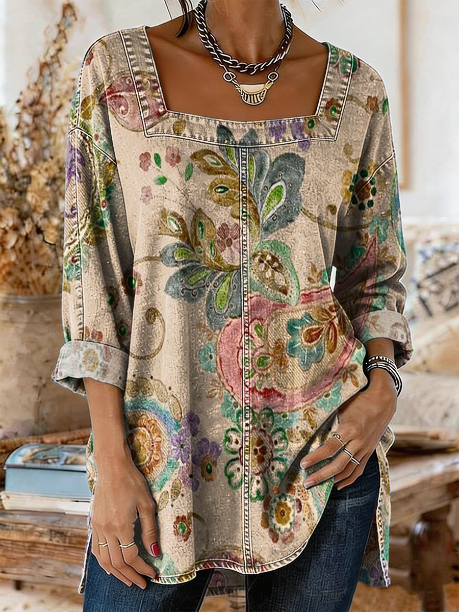 Women's Retro Bohemian Floral Art Print Casual Long-sleeved Square Neck Washed Cotton Denim Top