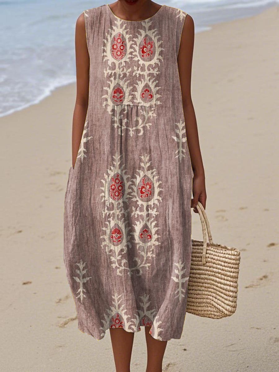 Women's Vintage Ethnic Pattern Art Print Sleeveless Cotton Pocket Wrap Dress