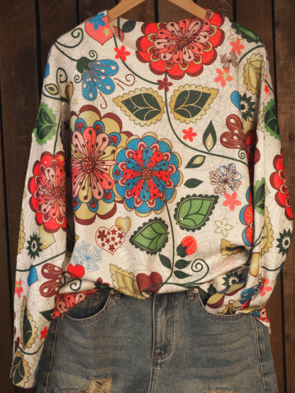 Artistic Floral Sequins Print Knit Pullover Sweater