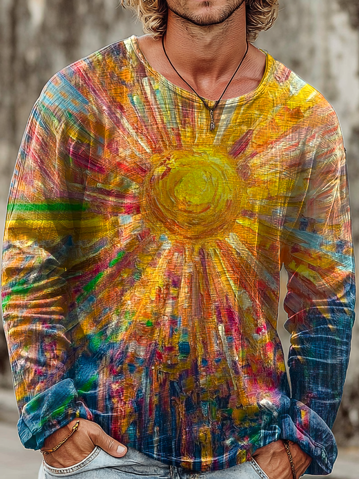 Mens Vintage Oil Painting Sun Art Prints Casual Round Neck Pullover Cotton Shirt