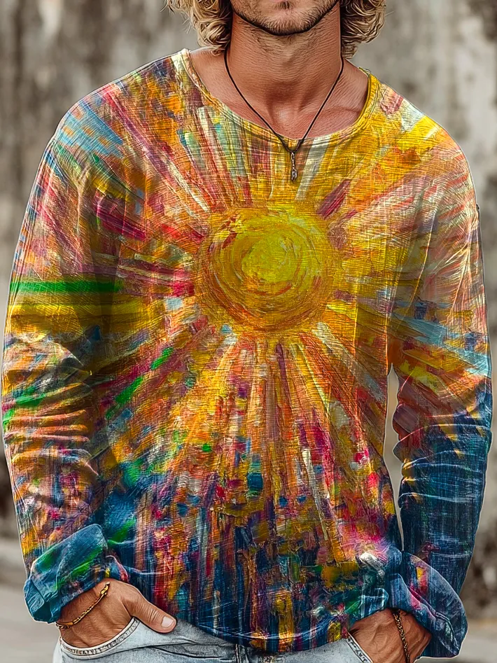 Mens Vintage Oil Painting Sun Art Prints Casual Round Neck Pullover Co