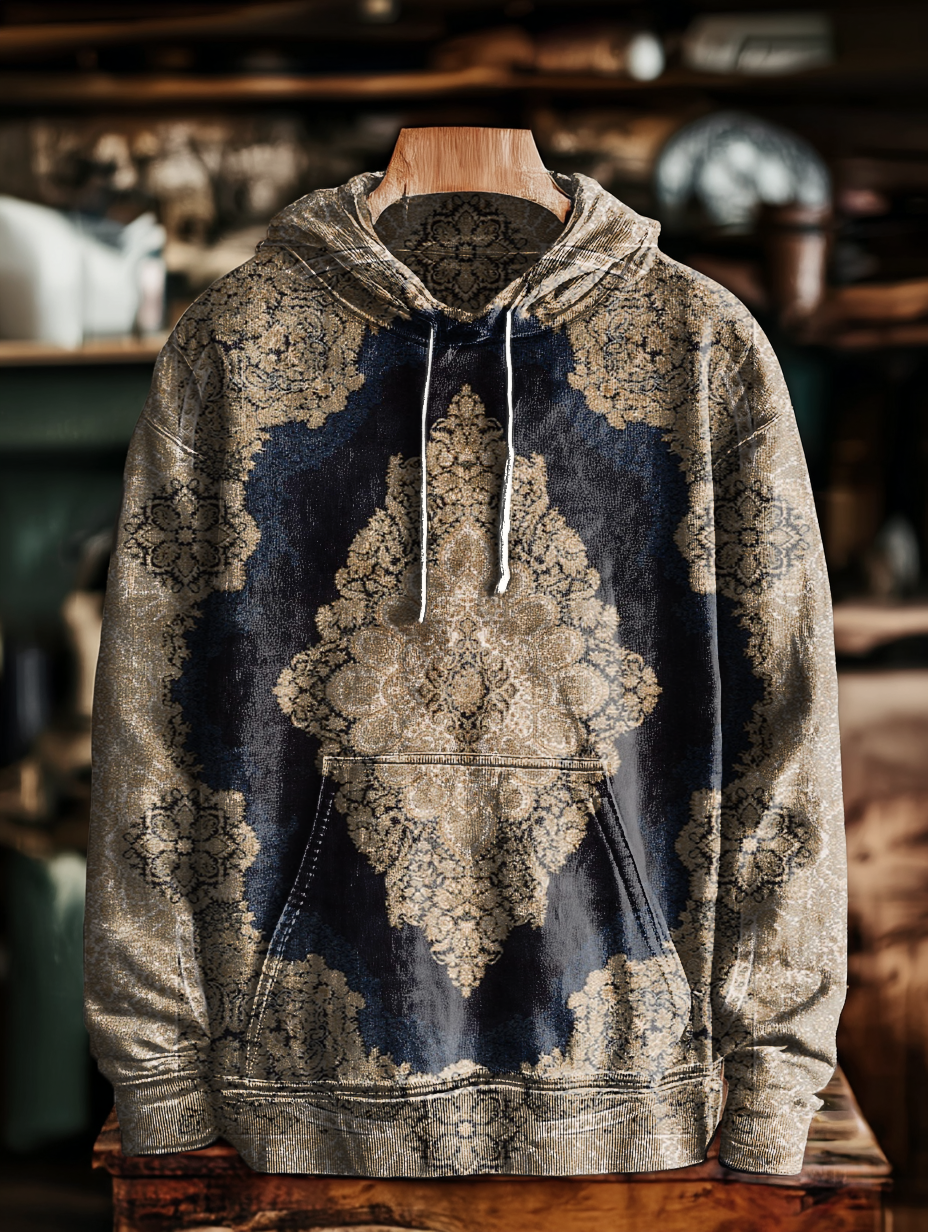 Unisex Vintage Ethnic Colorblocking Totem Art Print Leisure Pocket Hooded Drawstring Sweatshirt