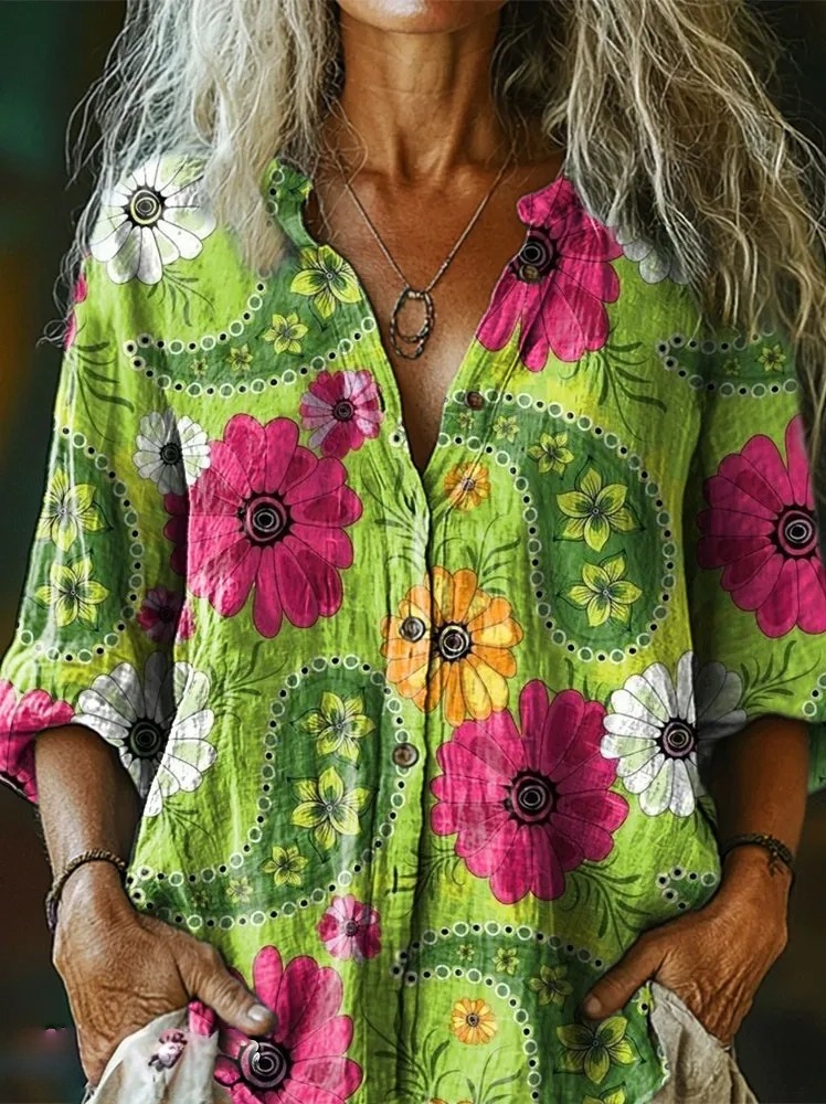 Women's National Paisley Flower Contrasting Colors Print Casual Cotton Linen Shirt