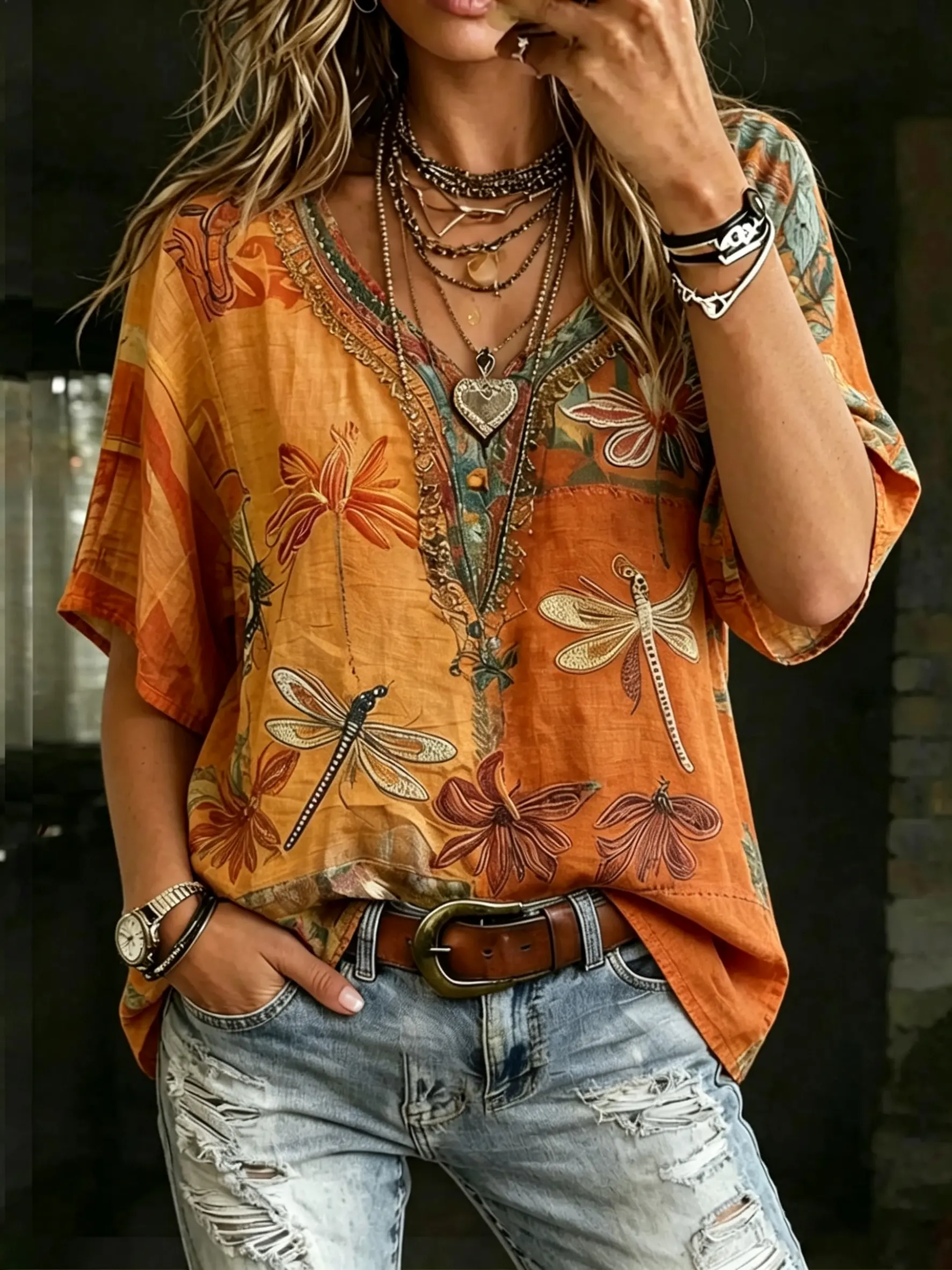 Women's Boho Dragonfly Floral Print Cotton V-Neck Tee
