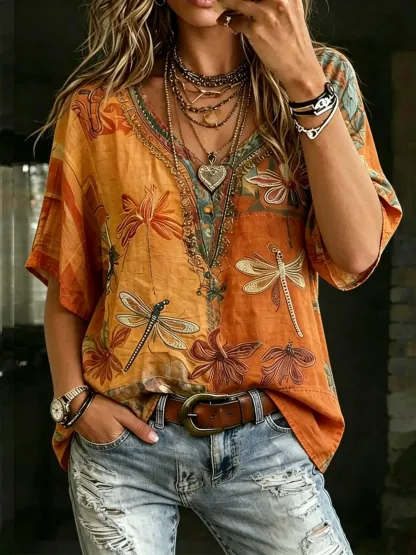 Women's Boho Dragonfly Floral Print Cotton V-Neck Tee