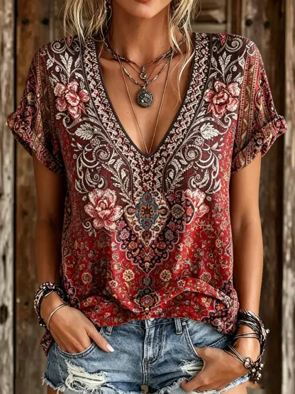 Women's Boho Paisley & Rose Print V-Neck Blouse