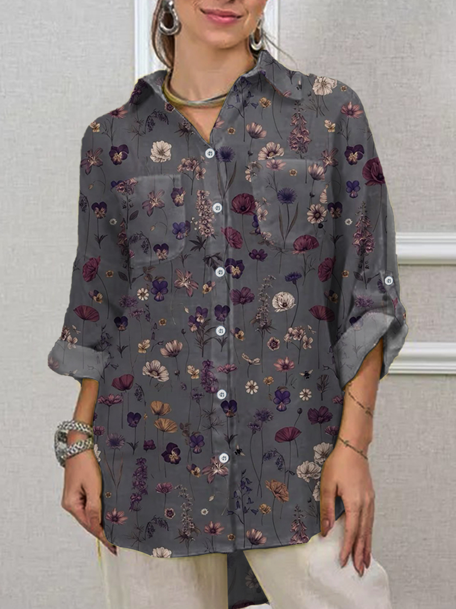 Women's Vintage Flowers Print Casual Long Sleeve Comfortable Cotton Sh