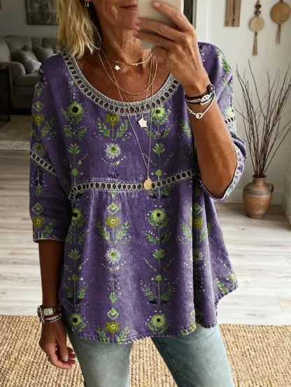 Women's Floral Pattern Art Print Casual Round Neck Lace-up Top